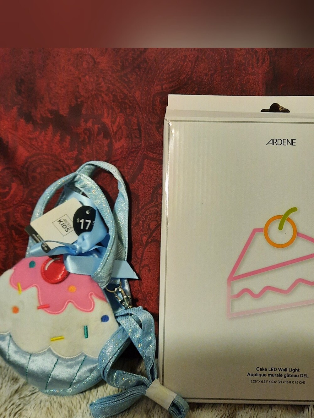 Girl's Kids Birthday Lot Cupcake Crossbody Bag Purse & LED bday Cake Wall Light